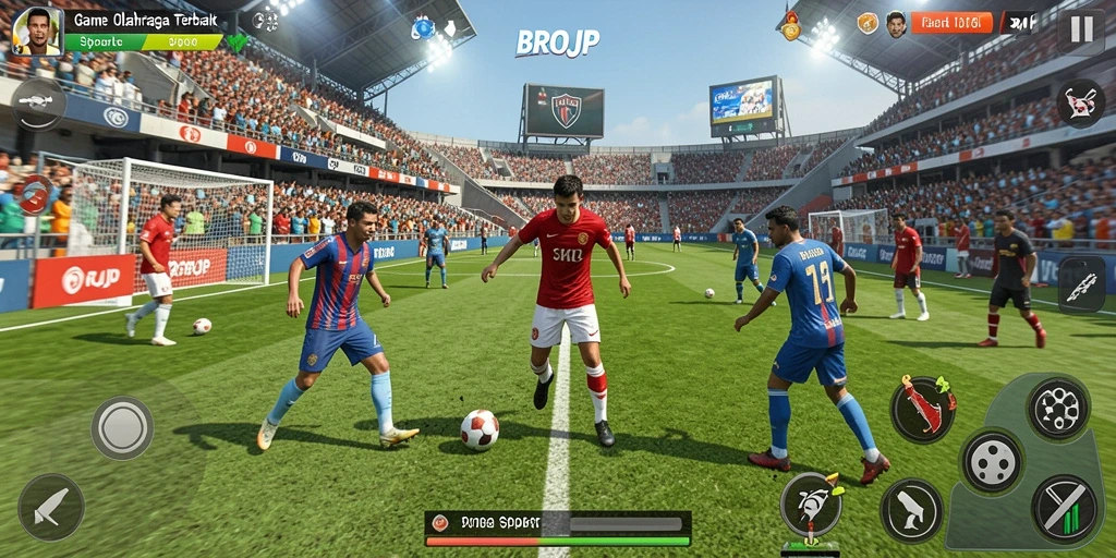 Tampilan gameplay BROJP yang intens dan mendebarkan saat pertandingan olahraga.